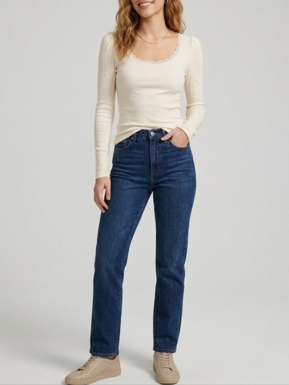 Topshop Cream Long Sleeve Lace-Trim Ribbed Top Womens Size 6 & 8